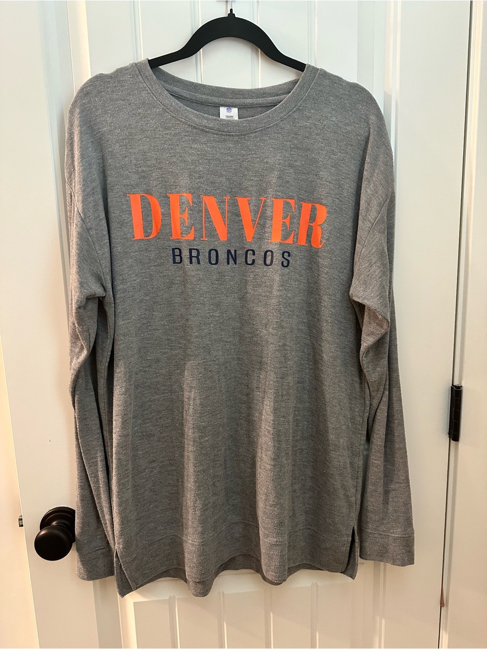Women’s Denver Broncos Gray Long Sleeve Shirt with Orange & Navy Print